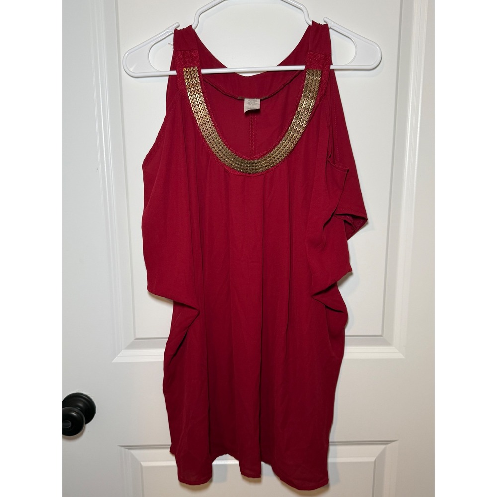Libian Red Cold Shoulder Blouse Gold Chain Neckline Tunic Top‎ 2X